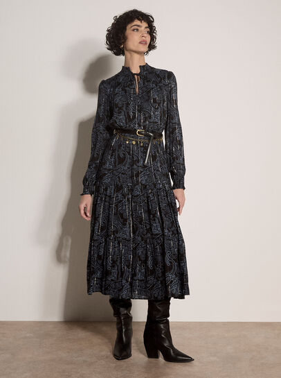 Paisley Metallic Shimmer Tiered Midi Dress