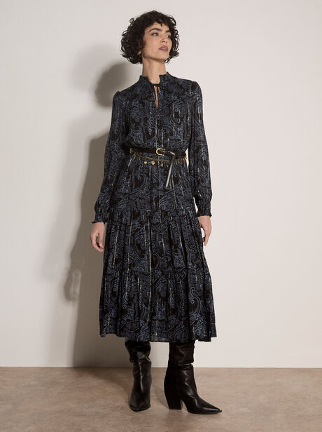 Paisley Metallic Shimmer Tiered Midi Dress