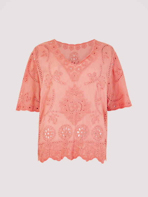Embroidered Cotton Top, Pink, large