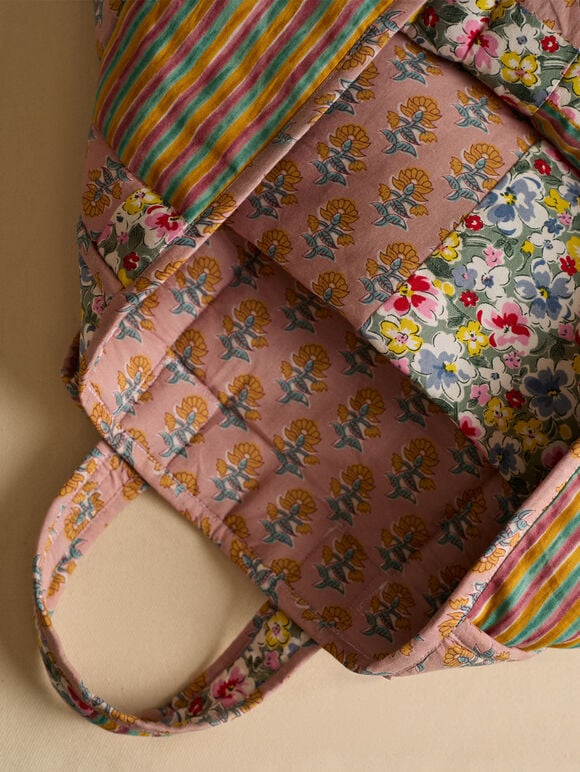 Printed Patchwork Cotton Tote Bag, Assorted, large