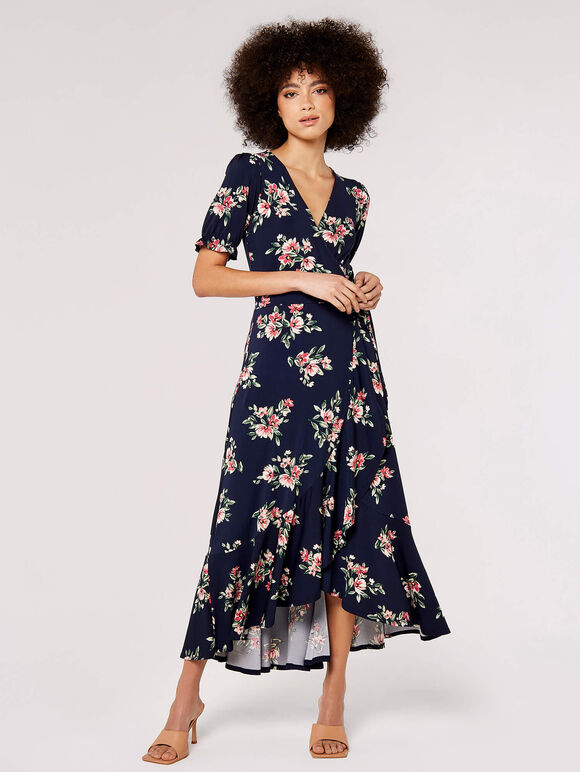 Floral Wrap Midi Dress, Navy, large