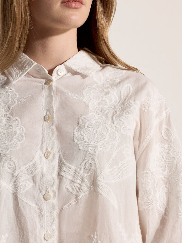 Embroidered Floral Cotton Shirt, White, large