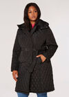 Curve Belted Quilted Parker Coat, Black, large