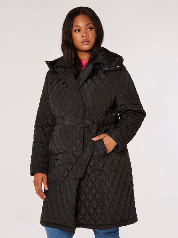 Curve Belted Quilted Parker Coat, Black, large