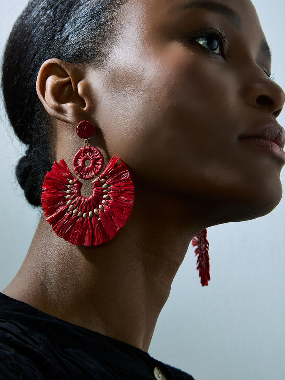 Raffia Fan Earrings, Red, large