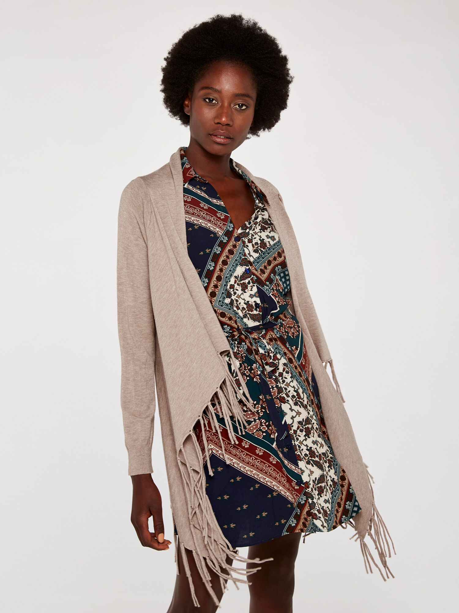 Apricot Fringe Cross Over Cardigan - Stone M/L