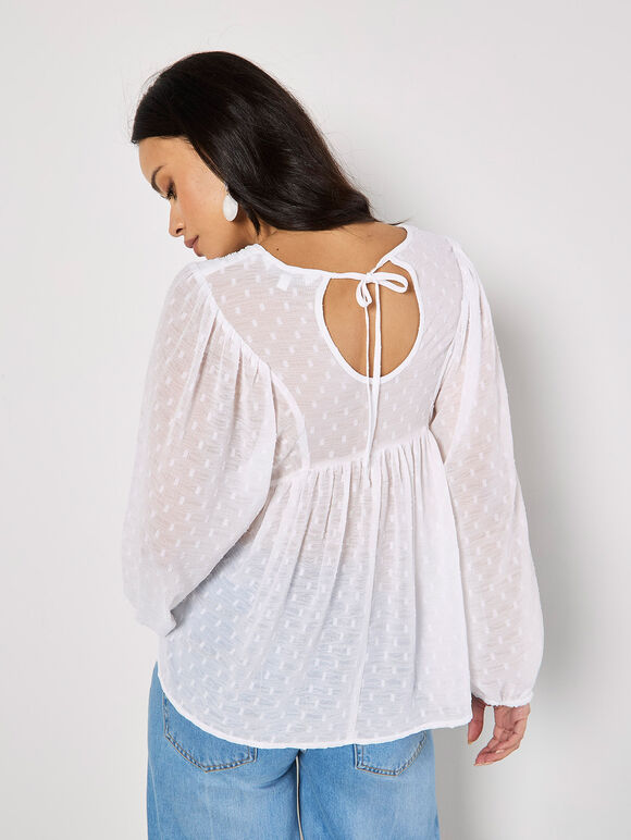 Dobby Bead Embellished Empire Top, White, large