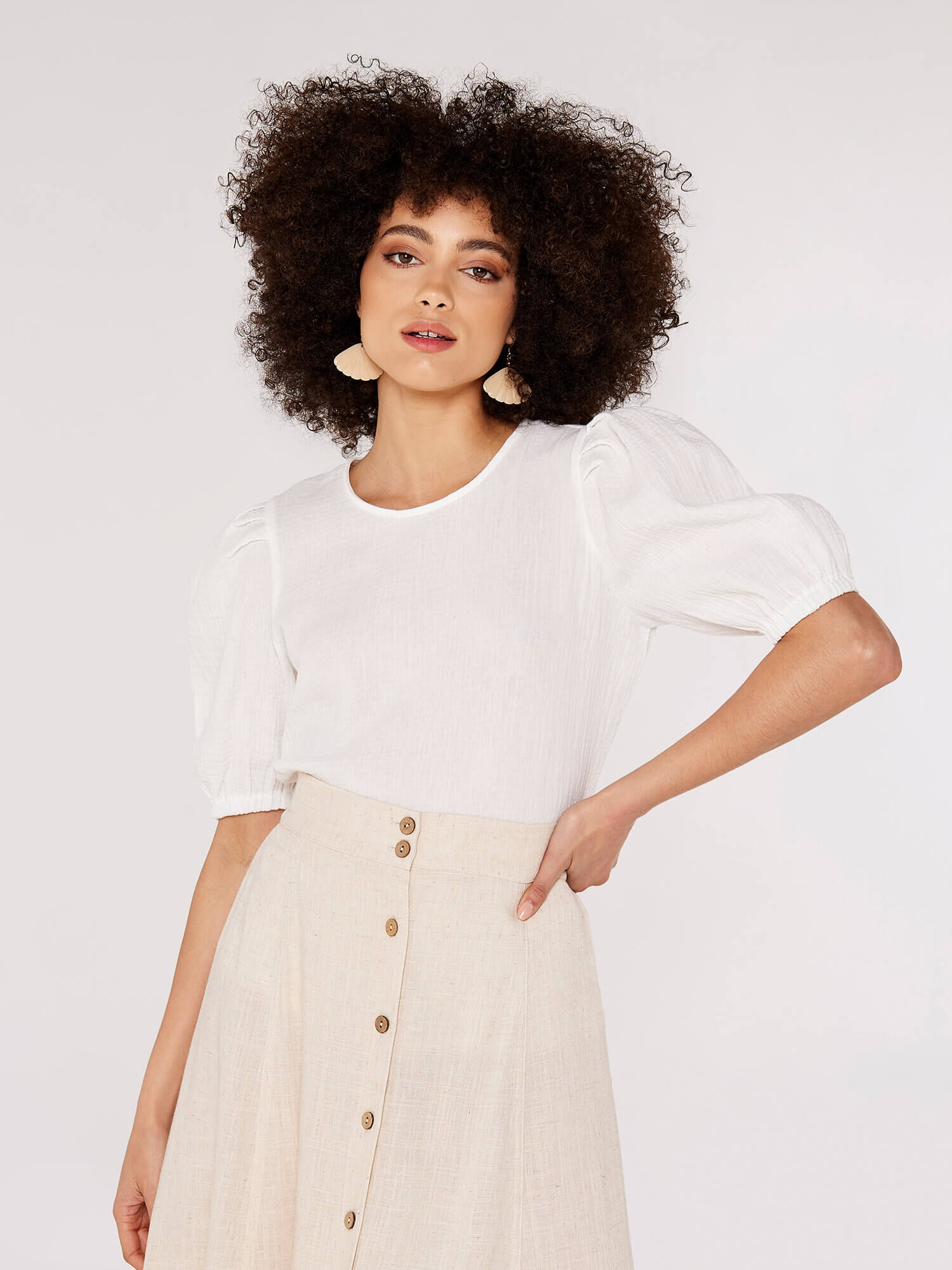 Textured Cotton Puff Sleeve T Shirt Apricot Clothing