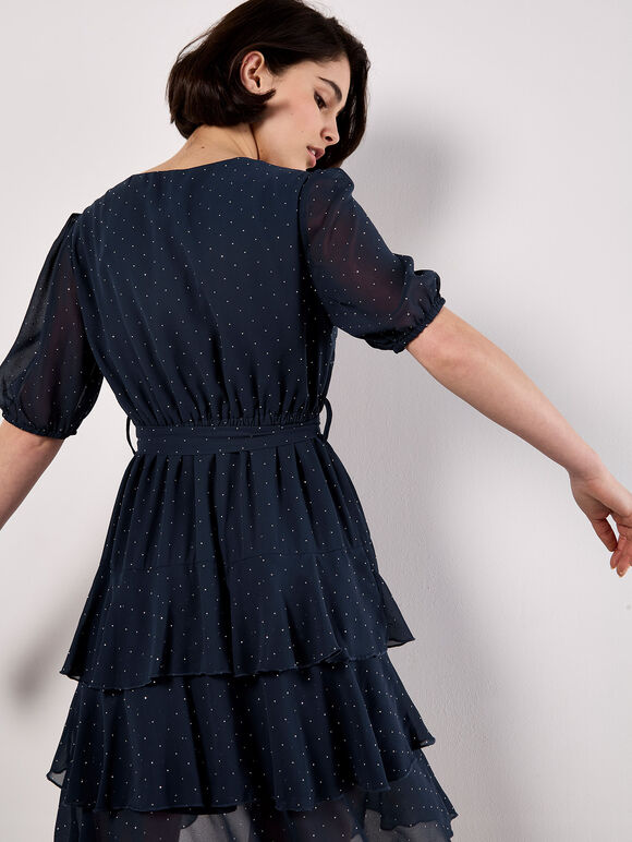 Rhinestone Sparkle Chiffon Mini Dress, Navy, large