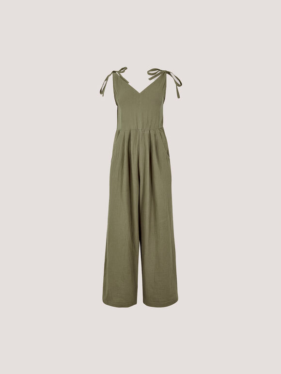 Textured Cotton Wide Leg Jumpsuit, Khaki, large