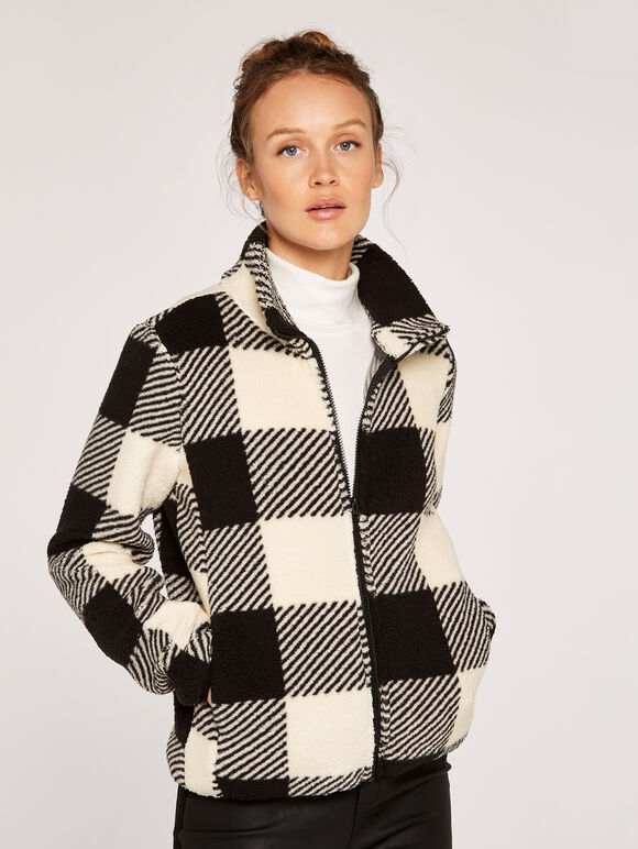 Gingham Check Fleeced Jacket, Black, large