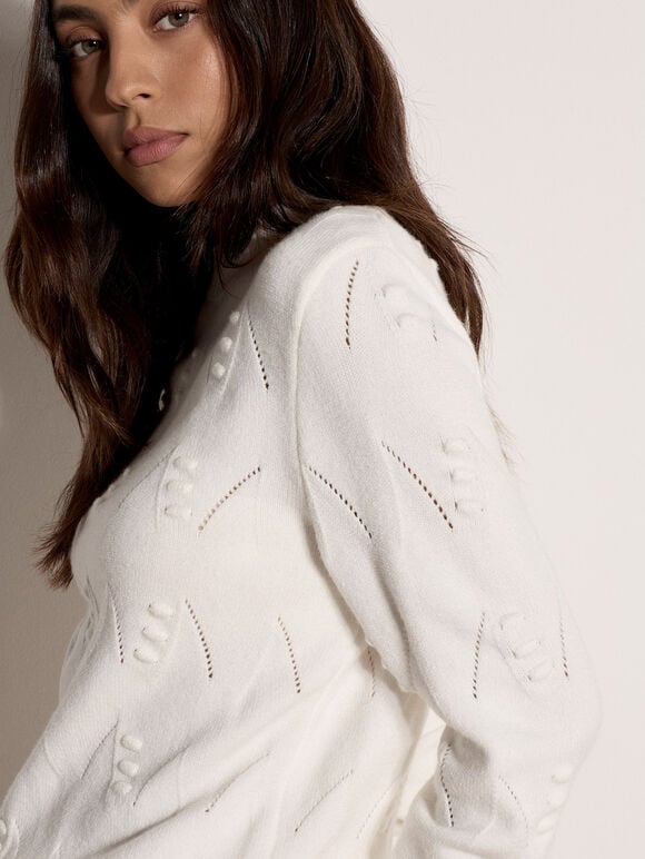 Pom Pointelle Knit Jumper, Cream, large