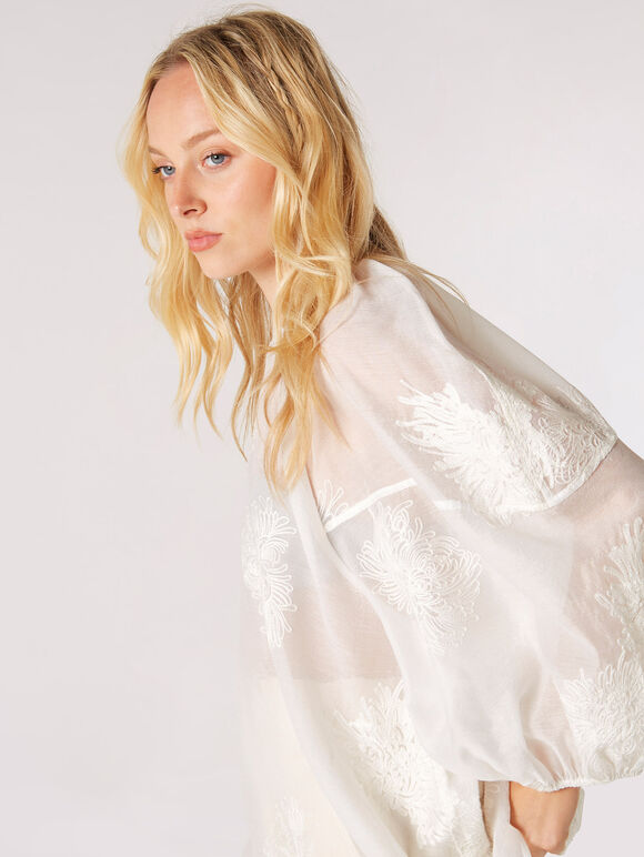 Floral Embroidered Organza Blouse, Cream, large