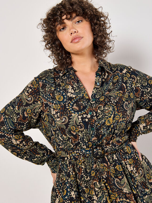 Curve Paisley Floral Shirt Midi Dress, Black, large
