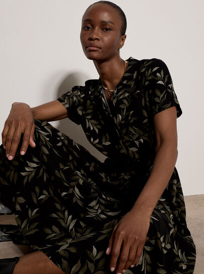 Leaf Print Hanky Hem Midi Dress