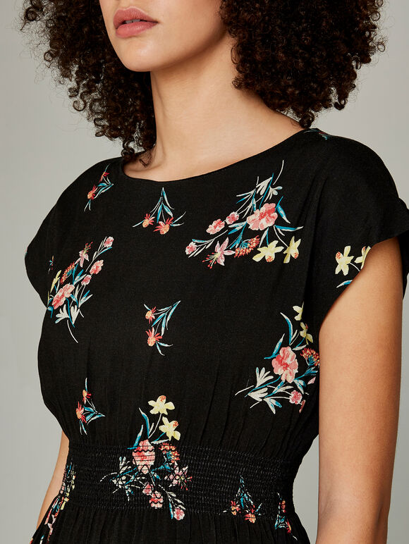 Black Floral Bunches Shirred Waist Dress, Black, large