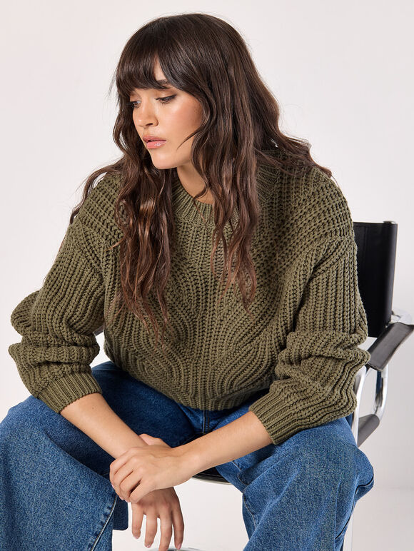 Chunky Cable Knit Jumper, Khaki, large