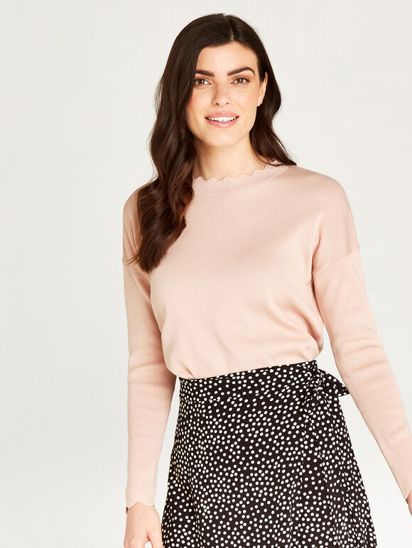 Scallop Detail Full Knit Jumper, Pink, large