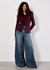 Button-Down Pleat Knit Top, Burgundy, large