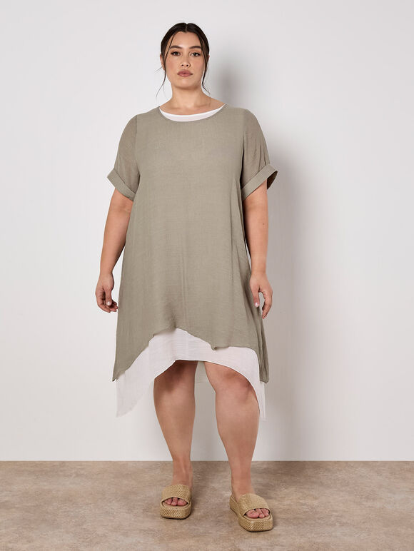 Slub Shimmer Tunic Mini Dress, Brown, large
