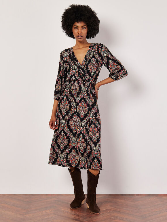 Ornate Paisley Wrap Midi Dress, Black, large