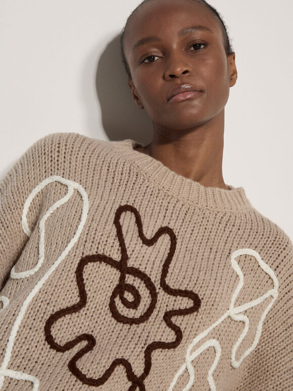 Oversized Cornelli Embroidered Jumper, Stone, large