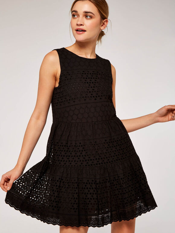 Broderie Anglais Tiered Dress, Black, large