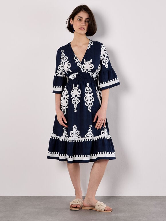 Floral Baroque Smocked Mini Dress, Navy, large