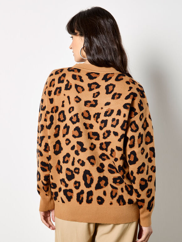 Leopard Print Soft Knit Jumper, Stone, large
