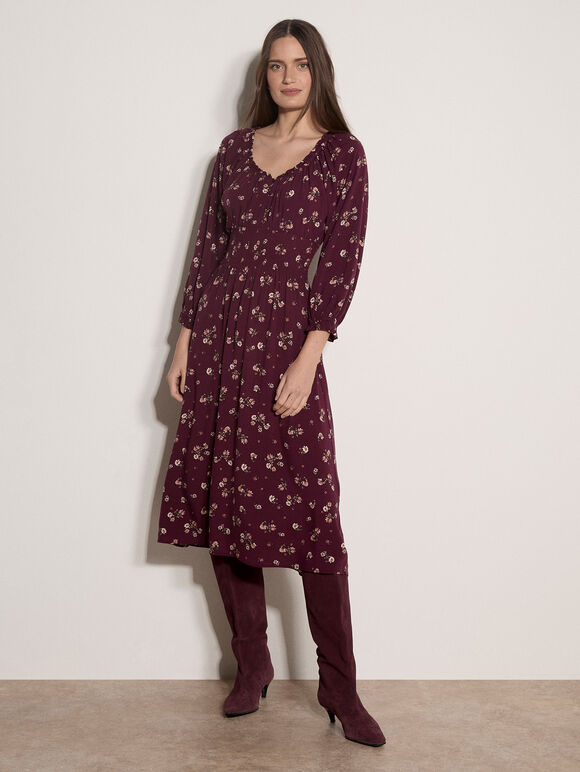 Floral Midi Dress, Burgundy, large