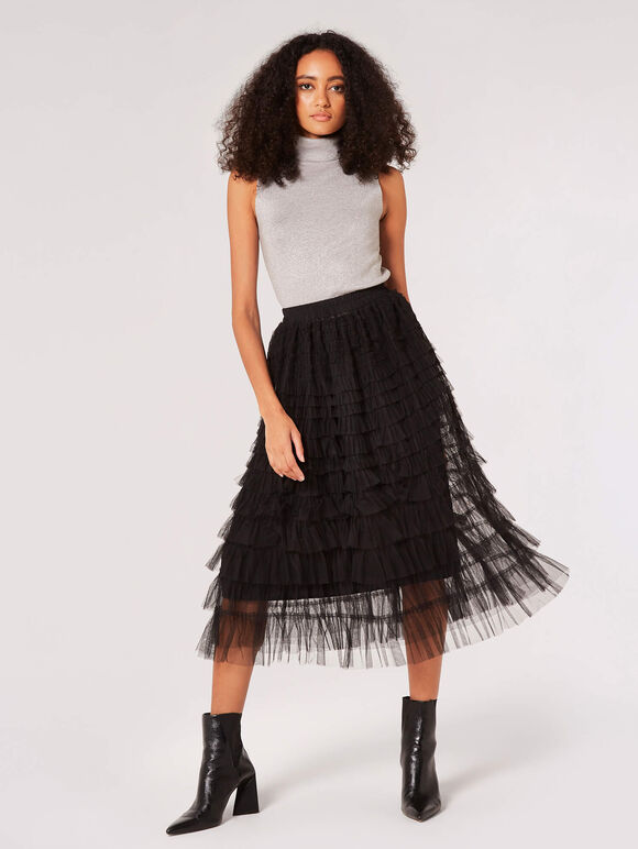 Tulle Layered Midi Skirt, Black, large