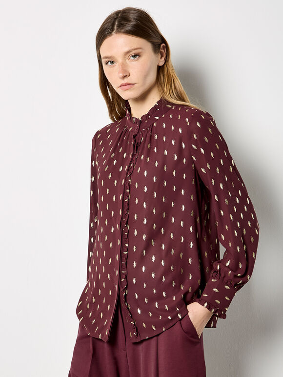 Gold Foil Ruffle Chiffon Blouse, Burgundy, large