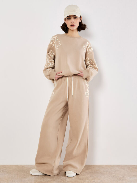 Floral Embroidered Wide Leg Joggers, Cream, large