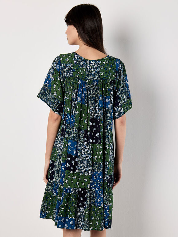 Patchwork Print Crinkle Mini Dress, Navy, large