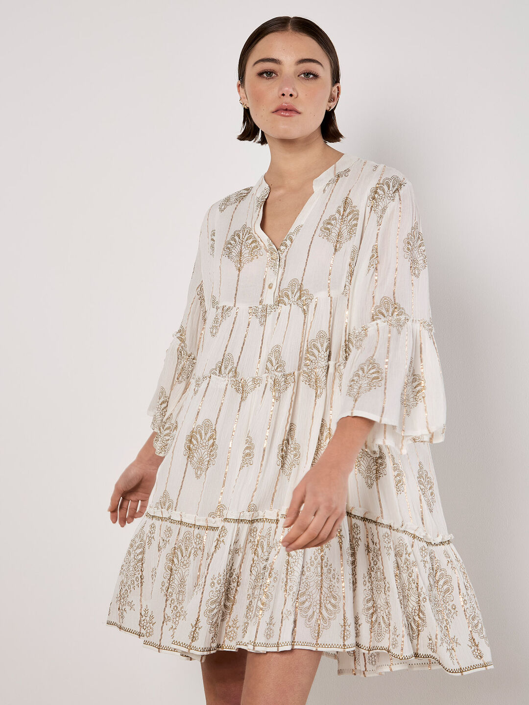 Image of Metallic Paisley Tiered Tunic Mini Dress
