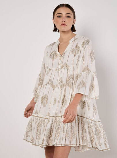 Metallic Paisley Tiered Tunic Mini Dress