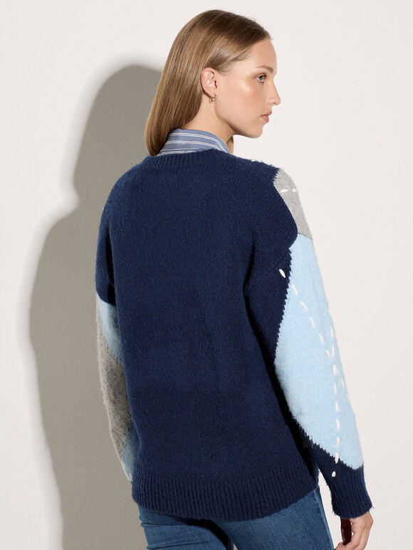 Argyle Diamond Colour Block Jumper, Navy, large