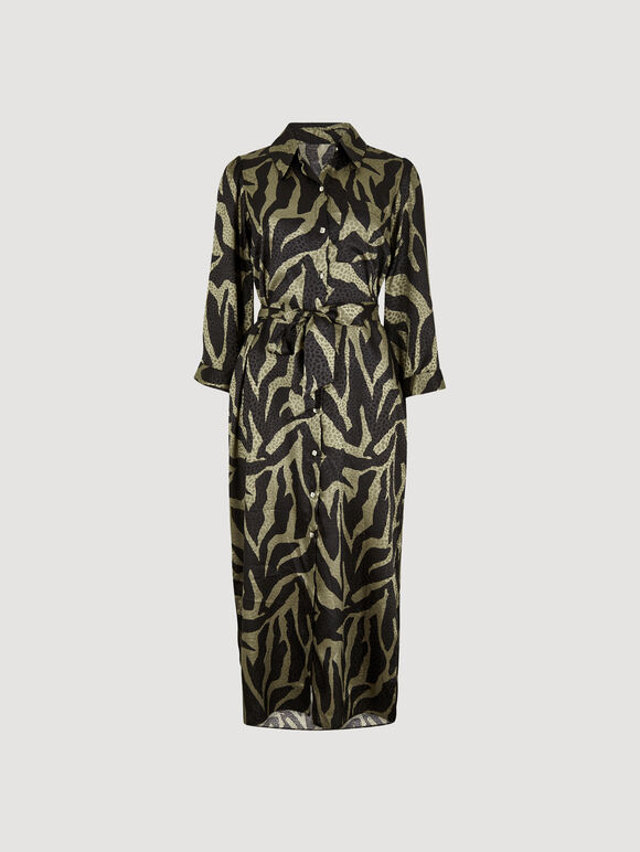 Textured Satin Zebra Midi Dress, Khaki, large