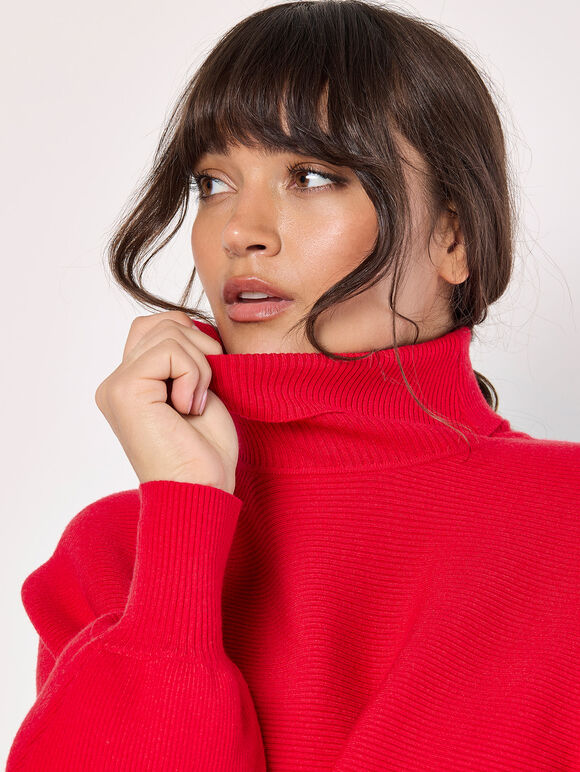 Ribbed Roll Neck Batwing Jumper, Red, large