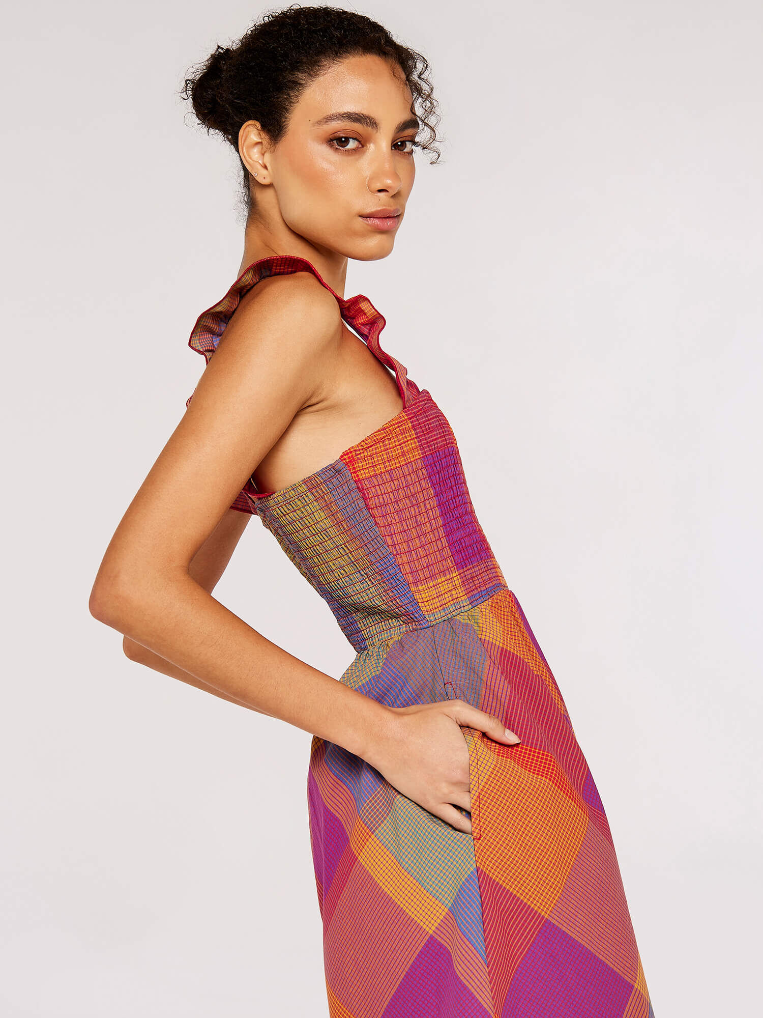 Plaid Midi Dress Apricot Clothing
