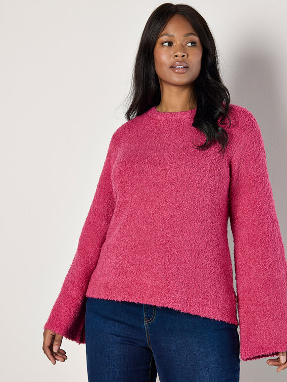 Curve Bell Sleeve Boucle Jumper, Fuchsia, large