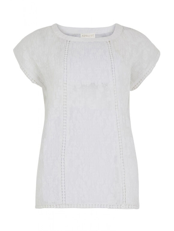 White Sheer Crinkle Crochet Trim Top, White, large