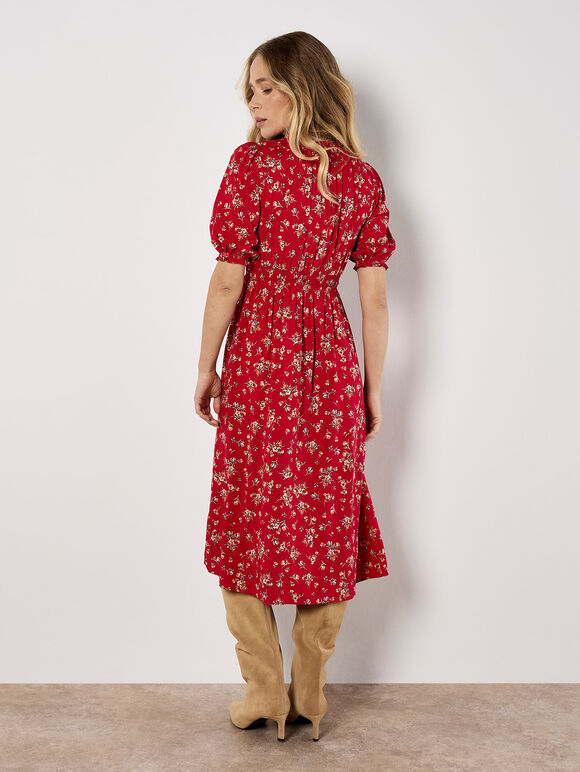 Ditsy Floral Milkmaid Midi Dress, Red, large