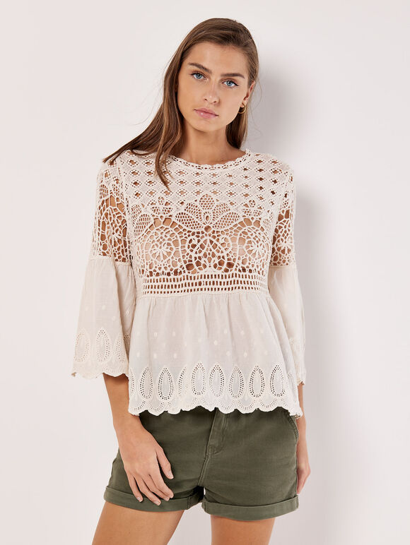 Crochet Lace Cotton Top, Stone, large