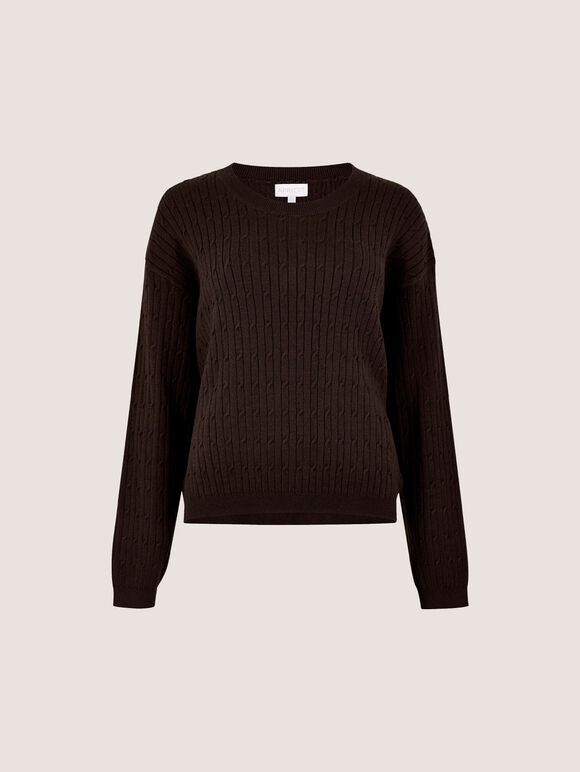 Fine Knit Cable Jumper, Brown, large