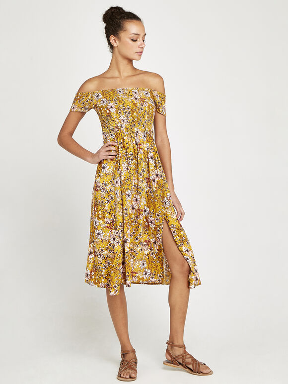 Summer Floral Bardot Midi Dress, Mustard, large