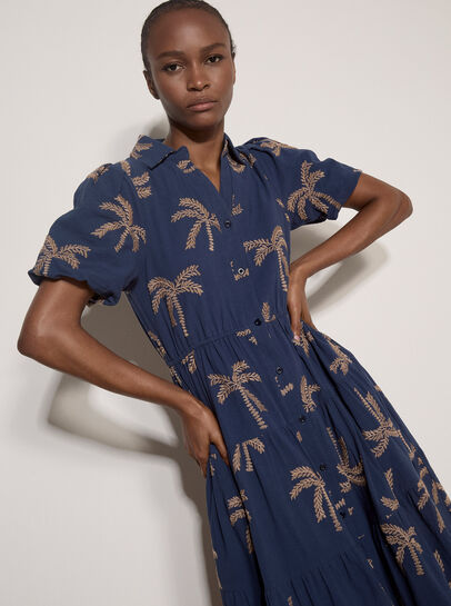 Embroidered Palms Cotton Midi Dress