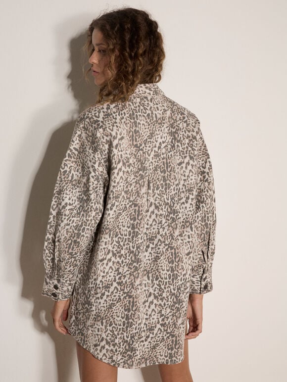 Leopard Print Cotton Denim Shacket Mini Dress, Grey, large
