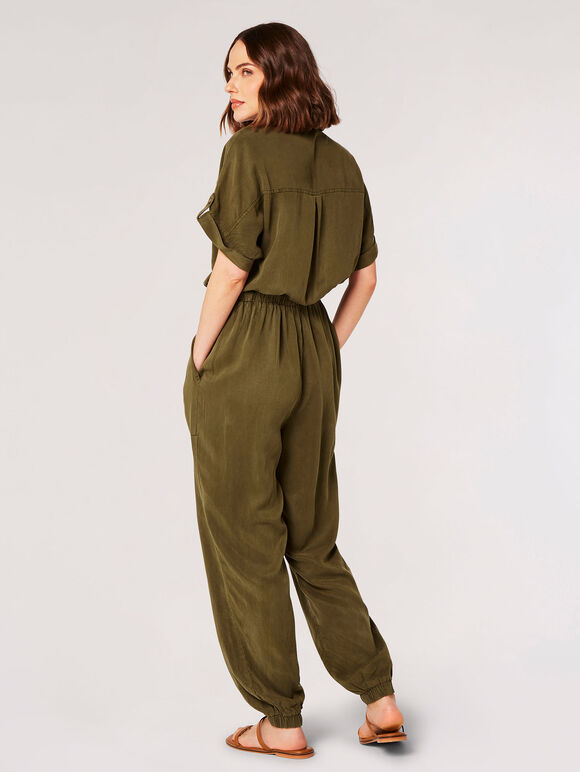 Drawstring Waist Utility Jumpsuit, Khaki, large