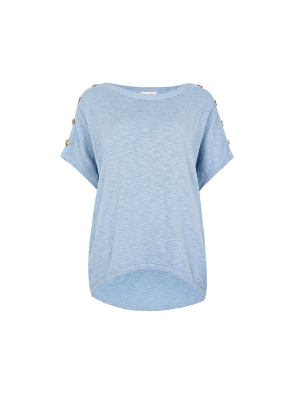 Button Detail Knitted Cotton T-Shirt, Blue, large